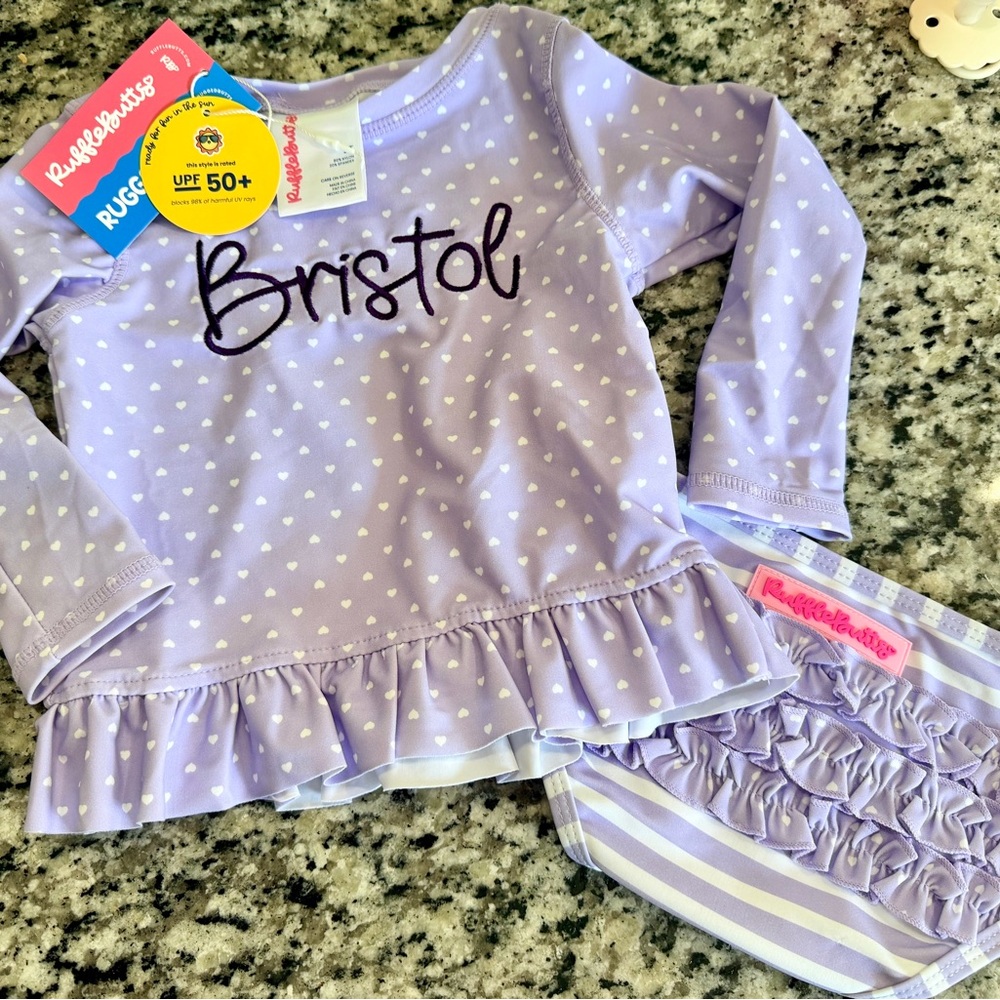 RuffleButts Lilac & White Heart Ruffle Two-Piece Swim Set 2T - NEW w/ “Bristol”